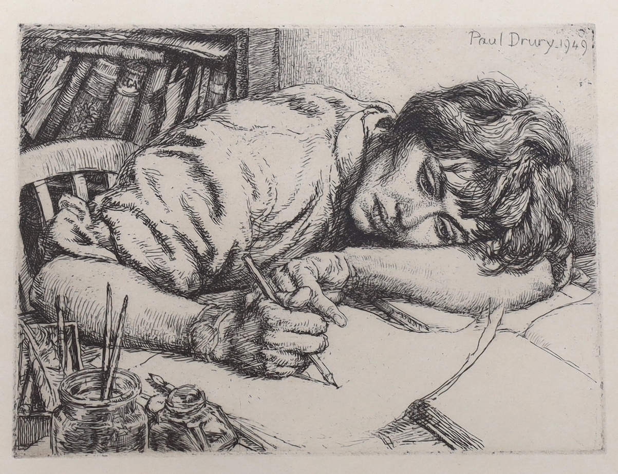 Paul Drury (1903-1987), drypoint etching from Memorial Portfolio, Self portrait, signed in the plate and dated 1949, 14.5 x 19.5cm